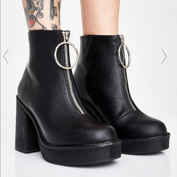 Dolls Kill Shoes - Dolls Kill Current Mood Vegan O-Ring Zip Up Boots